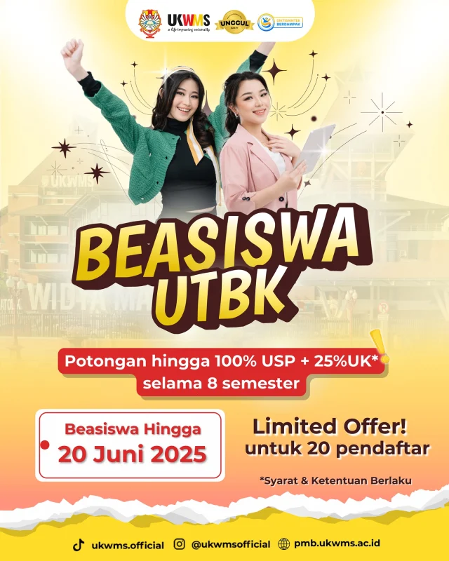 📣 BEASISWA UTBK dari UKWMS is calling! 
UTBK udah selesai, sekarang saatnya manfaatin skormu!

🎓 Diskon s/d 100% USP + 25% UK* (Berlaku 8 semester)
⚡ Deadline: 20 Juni 2025
Kuota CUMA 20 orang!

Skor UTBK kalian bisa jadi kunci untuk berkuliah di UKWMS loh!
Buruan sebelum kehabisan ya! 🔑

website : https://pmb.ukwms.ac.id/beasiswa/utbk/ 
WA : 087852284888 (Admisi UKWMS)

*Syarat & Ketentuan berlaku

#UKWMS #Beasiswa #UTBK #SkorUTBK #KuliahUKWMS #KampusKatolik #KampusSwasta