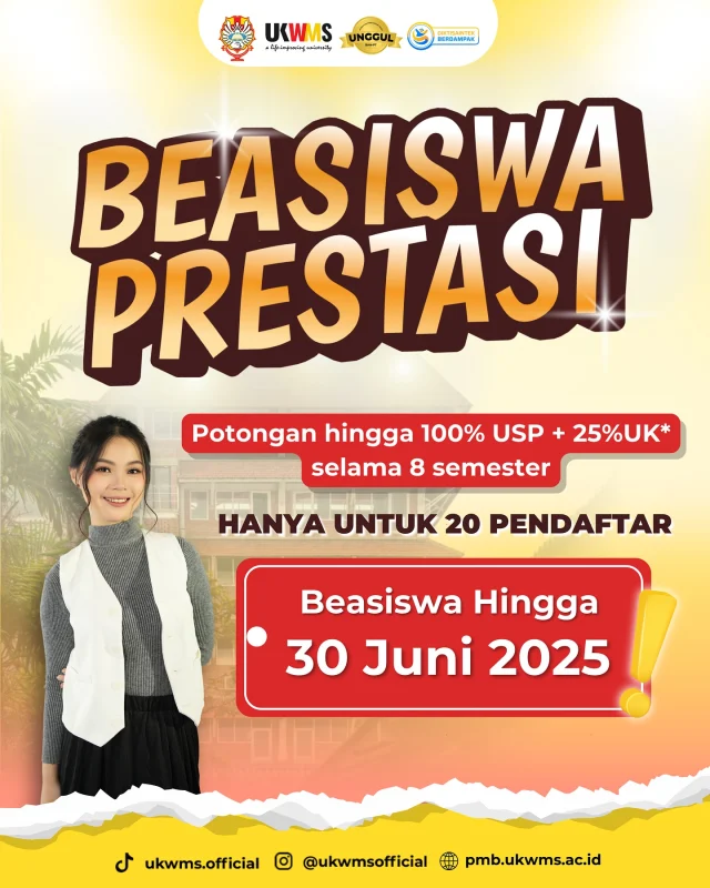 Mau kuliah di kampus unggulan, pakai beasiswa? YES, PLEASE! 
Beasiswa Prestasi UKWMS hadir buat kamu semua🤩

🎓 Potongan biaya USP hingga 100%* + Uang Kuliah HINGGA 8 SEMESTER*, cukup dengan nilai rapor kelas XII semester genap.
⏳ Kuota terbatas
🗓 Hingga 30 Juni 2025
🌐pmb.ukwms.ac.id

Yuk, raih masa depanmu bersama Kampus Kehidupan Universitas Katolik Widya Mandala Surabaya 💡
CHASE YOUR DREAM WITH UKWMS! 

website : https://pmb.ukwms.ac.id/beasiswa/prestasi/ 
WA : 087852284888 (Admisi UKWMS)

*Syarat & Ketentuan berlaku

#UKWMS #Beasiswa #BeasiswaPrestasi #KampusKatolik #KampusSwasta #KampusTerbaik