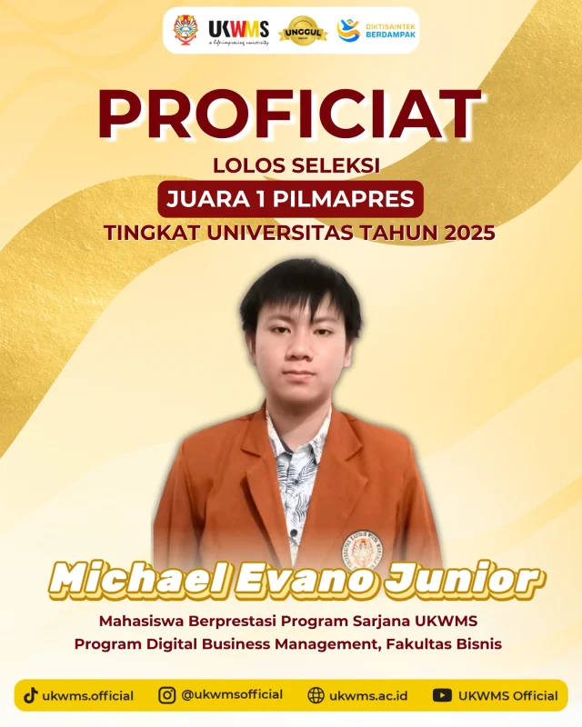 Hai Wimates!👋✨

Proficiat untuk seluruh Mahasiswa yang telah lolos Seleksi Internal Pemilihan Mahasiswa Berprestasi Universitas Katolik Widya Mandala Surabaya 2025!

Juara 1 - Michael Evano Junior 
Juara 2 - Keziah Janice Imanuela 
Juara 3 - Adriel Manuelo Xaverius 

Tetap semangat dan sukses selalu untuk kalian!👏

#UKWMS #ALifeImprovingUniversity #proudtobewimates #Pilmapres #MahasiswaBerprestasi #KesanPesan #KampusLife