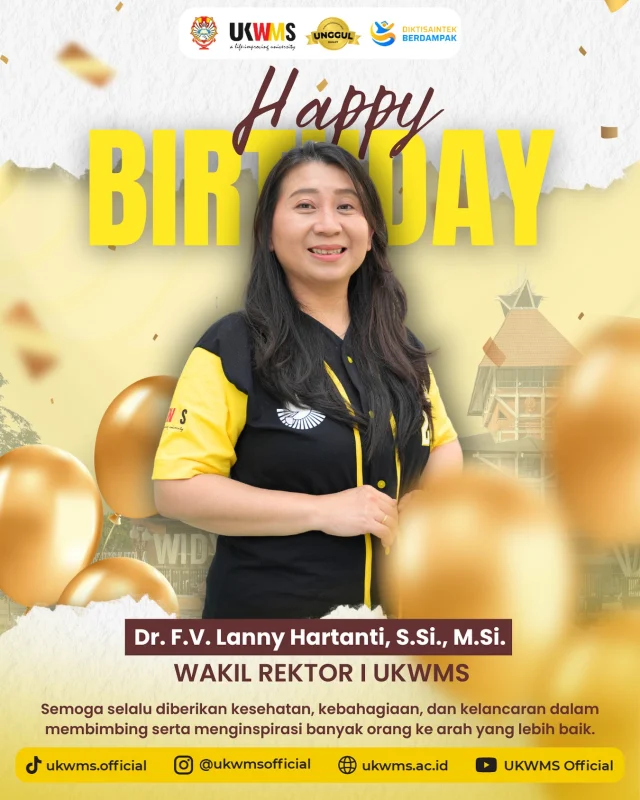 Happy Birthday Bu Lanny! 🎉✨

Selamat ulang tahun untuk Wakil Rektor I UKWMS, Dr. F.V. Lanny Hartanti, S.Si., M.Si. 😍

Semoga selalu diberikan kesehatan, kebahagiaan, dan kelancaran dalam membimbing serta menginspirasi banyak orang ke arah yang lebih baik ✨

#UKWMS #WakilRektor #Birthday