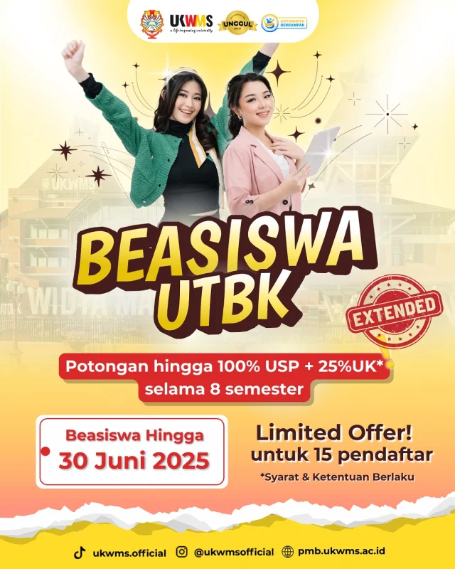 📣 BEASISWA UTBK dari UKWMS is EXTENDED‼️
Sesuai request kalian, beasiswa UTBK kami perpanjang! 🙌🏻

UTBK udah selesai, sekarang saatnya manfaatin skormu!

🎓 Diskon s/d 100% USP + 25% UK* (Berlaku 8 semester)
⚡ Deadline: 30 Juni 2025
Kuota CUMA 15 orang!

Skor UTBK kalian bisa jadi kunci untuk berkuliah di UKWMS loh!
Buruan sebelum kehabisan ya! 🔑

website : https://pmb.ukwms.ac.id/beasiswa/utbk/ 
WA : 087852284888 (Admisi UKWMS)

*Syarat & Ketentuan berlaku

#UKWMS #Beasiswa #UTBK #SkorUTBK #KuliahUKWMS #KampusKatolik #KampusSwasta