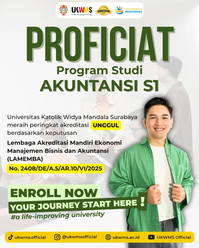 ✨PROFICIAT TO UKWMS!✨

Program Studi Akuntansi S1 UKWMS terakreditasi “UNGGUL” berdasarkan Keputusan Akreditasi Mandiri Ekonomi Lembaga Manajemen Bisnis dan Akuntansi (LAMEMBA)
No. 2408/DE/A.5/AR.10/VI/2025

Terima kasih untuk seluruh civitas akademika UKWMS yang telah memberikan doa dan dukungan dari berbagai aspek🙏

#UKWMS #ALifeImprovingUniversity #Akreditasi #Unggul #AkreditasiUnggul #KampusUnggul #Prestasi #6louriou5