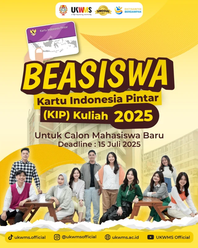 BURUAN, BEASISWA KIP SUDAH DIBUKA 🏃‍♂️

Pastikan Program Studimu tersedia yaa, jangan lupa juga untuk memenuhi persyaratan yang ada. Kamu juga bisa mengunjungi website KIP di https://kip-kuliah.kemdiktisaintek.go.id/ 📢

Dijamin ga bakal nyesel karena UKWMS memberikan kualitas pembelajaran yang terbaik.👨‍🎓

Segera daftarkan dirimu melalui link ✨
https://pmb.ukwms.ac.id/

Atau Langsung hubungi Pusat Admisi melalui chat Whasapp di 0878 5228 4888 atau telp bebas pulsa di 0800 1404 120. Ayo buruan, masa depanmu dimulai di sini! 🚀

#ukwms #kampuskotasurabaya #kampuskotamadiun #kampusmerdeka #kampusunggulan #mahasiswabaru #beasiswa #beasiswakampus #beasiswakuliah #beasiswamadiun #madiun #beasiswakip #kipkuliah #fyp #studilanjut #surabaya #madiun #kuliahgratis #beasiswakuliah #beasiswasarjana #beasiswadiploma #beasiswaD3