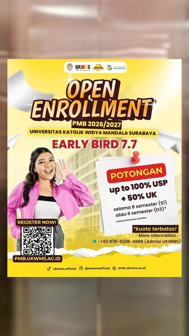 Attention all High Schoolers! 
OPEN ENROLLMENT 2026/2027 IS HAPPENING NOW😎
GET YOUR SCHOLARSHIP UP TO 100% OFF
Periode pendaftaran Early Bird  7-31 Juli 2025
Limited Quota‼️🤩

#UKWMS #alifeimprovinguniversity #proudtobewimates #openenrollment #kampussurabaya #kampusunggul #kampuskatolik #kampusterbaik