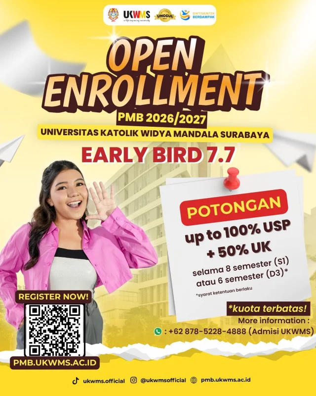 [EARLY BIRD UKWMS] 😍 
Special for enrollment 2026/2027!

Daftarkan dirimu sekarang, dan jadi bagian dari Kampus Kehidupan Universitas Katolik Widya Mandala Surabaya! 📚

GET YOUR SCHOLARSHIP UP TO 100% OFF
Periode pendaftaran Early Bird : 7-31 Juli 2025

Kuota terbatas!
Don’t miss it 🚨

Chase your dream with UKWMS! 🥰

More info : 
Website : https://pmb.ukwms.ac.id/daftar-sekarang/early-bird-2026-2027/

Whatsapp Admisi : +62 878-5228-4888

#UKWMS #kampus #kampussurabaya #kampuskatolik #kuliah #openenrollment