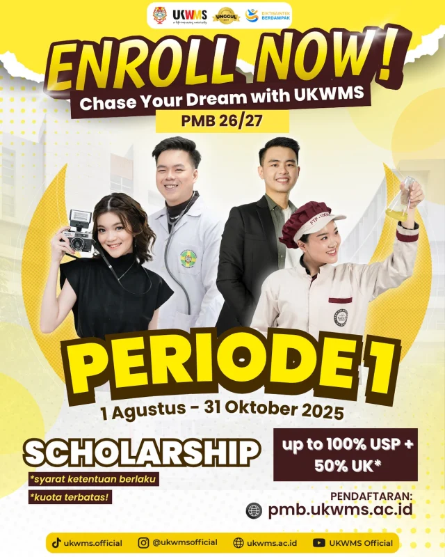 ✨ Periode 1 Pendaftaran UKWMS SUDAH DIBUKA! ✨
Segera wujudkan mimpi kamu dengan kampus kehidupan✨
Sekarang waktu yang tepat!😍

Kamu bisa dapetin beasiswa hingga 100% Uang Masuk dan 50% Uang Kuliah selama 8 semester loh!*
Pendaftaran Periode 1 dibuka 1 Agustus sampai dengan 31 Oktober 2025.
Tapi ingat, kuotanya terbatas ya! ❤️

Jangan tunggu nanti!
Langsung daftar di pmb.ukwms.ac.id dan mulai langkah pertamamu bareng UKWMS!

#PendaftaranWidyaMandala
#PendaftaranUKWMS 
#BeasiswaUKWMS #UKWMS #KampusUnggul