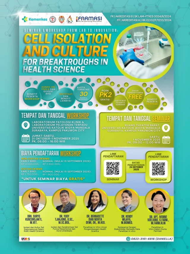 ✨🔬 FROM LAB TO INNOVATION! 🔬✨
Mau tahu bagaimana cell isolation & culture bisa jadi terobosan dalam dunia Health Science? Yuk, ikuti rangkaian acara Workshop & Seminar spesial dari Fakultas Farmasi Universitas Katolik Widya Mandala Surabaya! 🚀

📌 WORKSHOP (Hands-On)
🗓 31 Oktober – 1 November 2025
📍 Lab Patologi Klinik & Lab Pelayanan Terpadu UKWMS, Kampus Pakuwon City
👩‍🔬 Peserta terbatas hanya 30 orang!

💳 Investasi:
✨ Early Bird (15 – 25 September 2025)
	•	Civitas UKWMS: Rp1.750.000
	•	Non-UKWMS: Rp2.000.000

✨ Normal (26 September – 24 Oktober 2025)
	•	Civitas UKWMS: Rp1.900.000
	•	Non-UKWMS: Rp2.500.000

✅ Benefit: sertifikat, hands-on tools, goodie bag, dan masih banyak lagi!

📌 SEMINAR
🗓 1 November 2025
📍 Ruang Theater Barat UKWMS, Kampus Pakuwon City
💸 GRATIS! (kuota terbatas)
✅ Benefit: sertifikat, poin PK2 gratis, dan insight dari para pakar

🎯 Jangan lewatkan kesempatan langka ini untuk belajar langsung dari para fasilitator & peneliti berpengalaman dalam bidang farmasi, biologi, dan kesehatan!

⚡ Pendaftaran sudah dibuka dan akan ditutup 24 Oktober 2025.
Klik link di bio atau scan QR Code pada poster untuk daftar sekarang!

#WorkshopUKWMS #SeminarUKWMS #HealthScience #CellCulture #CellIsolation #ResearchInnovation #Farmasi #UKWMS #WidyaMandalasurabaya